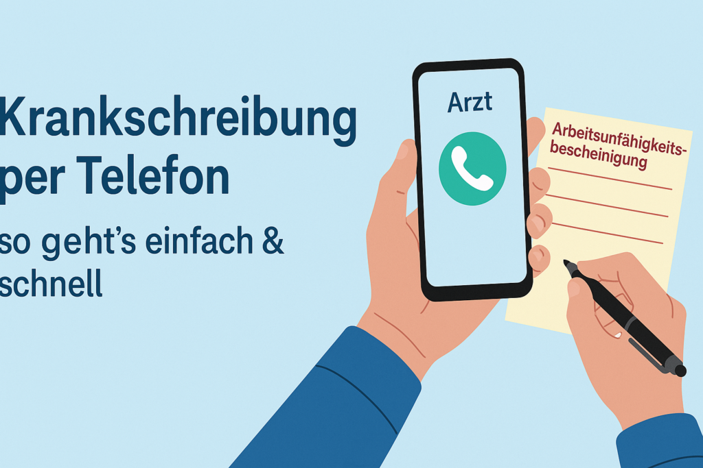 Eine Person hält ein Smartphone ans Ohr und in der anderen Hand eine Krankschreibung – symbolisiert den telefonischen Ablauf einer Krankmeldung 